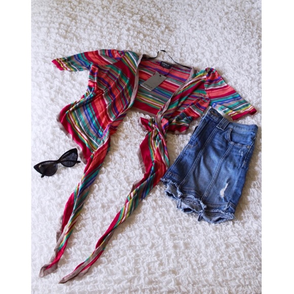 Multicolor Striped Wrap Tie Rainbow Cardigan - Picture 2 of 12